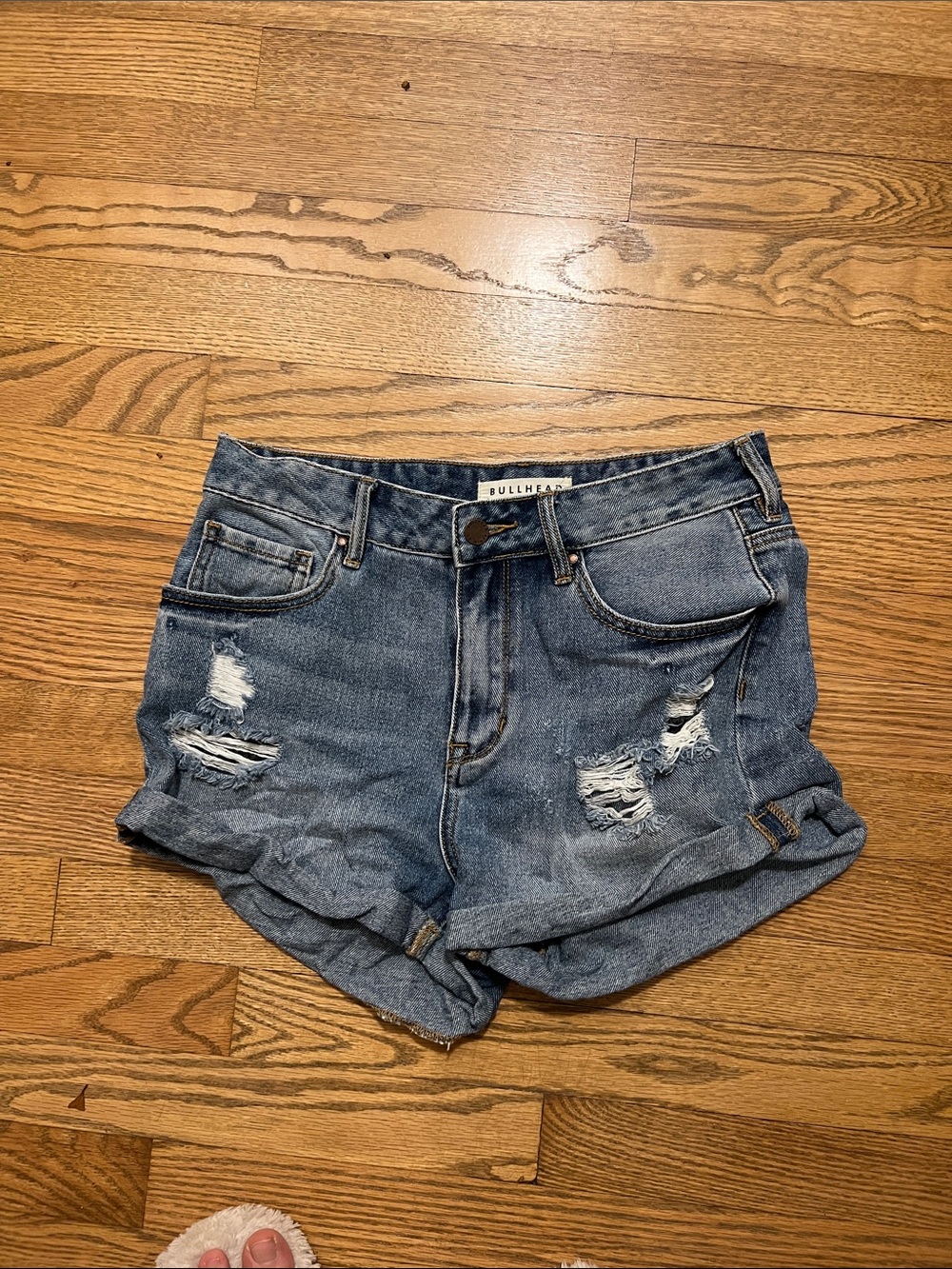 Bullhead Distressed Rolled Hem Denim Shorts - Medium Blue